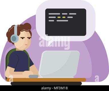 Junge Programmierer mann Codierung und listenning Musik. Vektor flachbild Cartoon Illustration Stock Vektor