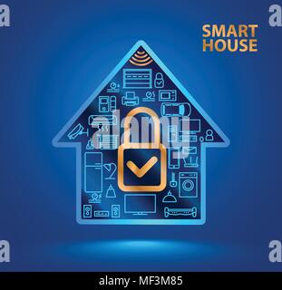 Silhouette smart home mit Symbolen von Haushaltsgeräten. ? Geschlossenen Schloss-symbol. Das Internet der Dinge. Iot. Sicherheitssystem. Stock Vektor