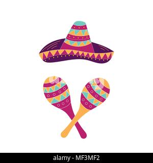 Hand sombrero und maraca Symbole auf weißem Hintergrund dargestellt. Kann für Banner oder Karte für Cinco de Mayo Feier verwendet werden. Urlaub Poster. Vect Stock Vektor