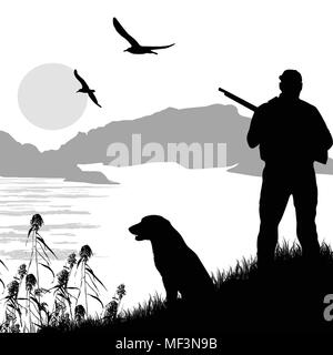 Silhouette einer Jäger mit Hund auf dem schönen Platz, Vektor, Abbildung Stock Vektor