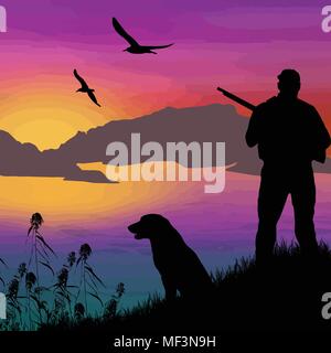 Silhouette einer Jäger mit Hund auf wunderschönen Sonnenuntergang, Vector Illustration Stock Vektor