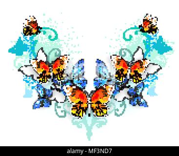 Symmetrische Muster der blaue Morpho und orange Monarch Schmetterlinge auf weißen Hintergrund. Stock Vektor