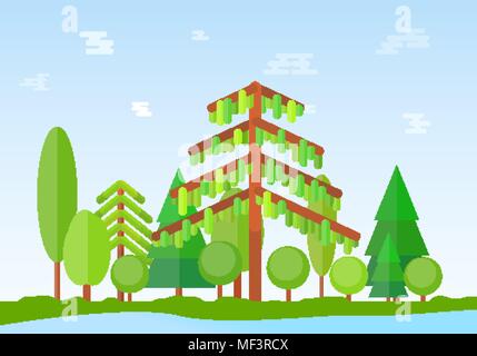 Sommer Wald mit Fluss Abbildung. Flache Natur Hintergrund Stock Vektor