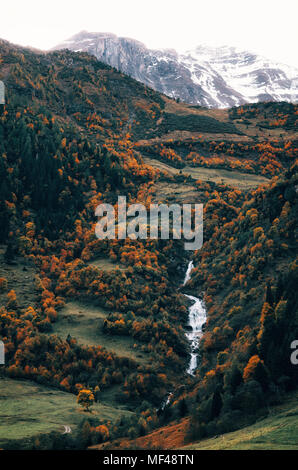 Rocky Mountain mit schleierfall Wasserfall, Bach, Wald und Wiese in der Nähe der Großglockner Hochalpenstraße in Alpen, Österreich Stockfoto