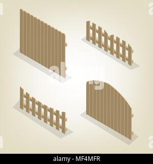 Einstellen der Spans Holzzäune der verschiedenen Formen. Auf weissem Hintergrund. Elemente der Gebäude und Landschaft gestalten. Flache isometrische 3D-Stil, Vektor Stock Vektor
