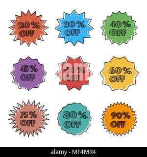 Helle cartoon Etiketten mit Rabatt von 20 auf 90 Prozent. Auf den weißen Hintergrund Vektor-illustration isoliert. Stock Vektor