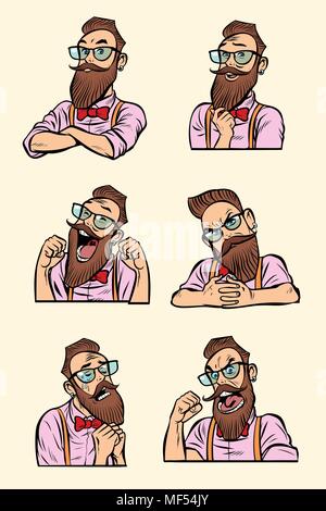 Set Sammlung verschiedene Gefühle. Stilvolle bärtigen Hipster mit Stock Vektor