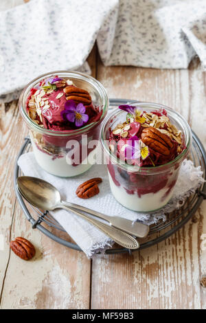Nicecream, aus Banane und Blueberry, Joghurt und Müsli Stockfoto