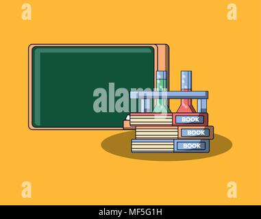 Schule Schiefertafel mit Bücher und chemische Kolben auf gelben Hintergrund, farbenfrohen Design. Vector Illustration Stock Vektor