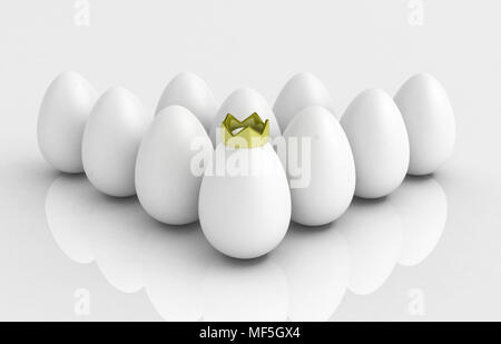 Rendering 3d von mehreren ei Formen und eine kleine goldene Krone, horizontal, reflektierende Oberfläche Stockfoto