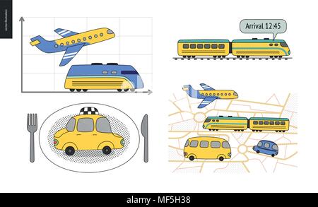 Von A nach B eine Reihe von verkehrsplanung Konzept - Flugzeug und Bahn Fahrplan Grafiken, Taxi Service, City Road map, zugfahrplan Punkt Stock Vektor