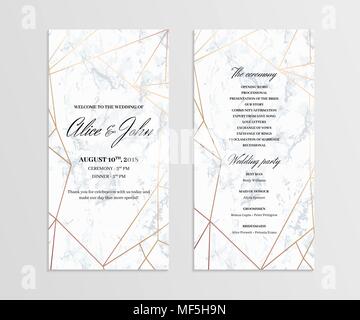 Doppelseitige Hochzeit Programm Vorlage. Geometrische Design in Rose Gold auf dem Marmor Hintergrund. Abmessungen 4 x 8 Zoll. Nahtlose Marmor Muster in der pal Stock Vektor