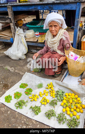 3. April 2017 - Kyaing Tong, Myanmar. Frau Verkauf von Chilis und Auberginen auf dem Markt Stockfoto