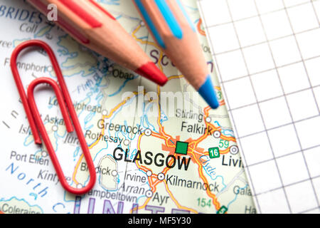 Stadt Glasgow Großbritannien in der Mitte des geographischen Karte Stockfoto