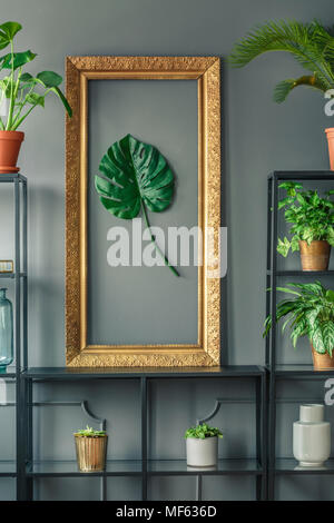 Nahaufnahme eines eleganten, goldene Rahmen mit einem grünen monstera Blatt stehen auf einer schwarzen, Metall Rack gegen schwarze Wand Stockfoto