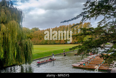 Cambridge, Vereinigtes Königreich - Boote in einer Reihe geparkt und Leute genießen Stochern auf dem Fluss Cam im Sommer in Cambridge Stockfoto