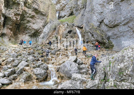 Wanderer und Touristen an gordale Beck durch Goredale Scar, Malham, Malhamdale, North Yorkshire, Yorkshire Dales National Park, England, UK läuft Stockfoto