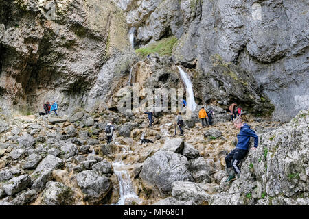 Wanderer und Touristen an gordale Beck durch Goredale Scar, Malham, Malhamdale, North Yorkshire, Yorkshire Dales National Park, England, UK läuft Stockfoto