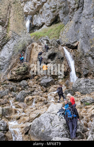 Wanderer und Touristen an gordale Beck durch Goredale Scar, Malham, Malhamdale, North Yorkshire, Yorkshire Dales National Park, England, UK läuft Stockfoto