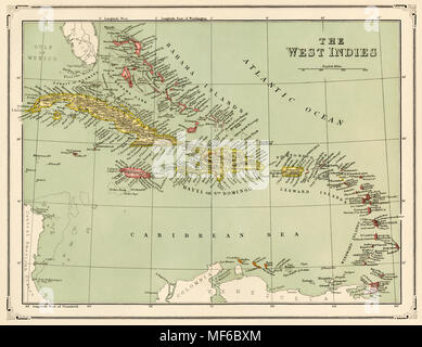 Karte von karibischen Inseln, die West Indies, 1870. Gedruckte farbige Lithographie