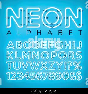 Helles Neon Alphabet auf blauem Hintergrund. Vektor Buchstaben, Zahlen und Zeichen mit glänzenden Leuchteffekt Layered getrennt Zeichen. Font Design Template für Ihren Text, Dekoration, Banner, Flyer oder Werbe Party Poster. Stock Vektor