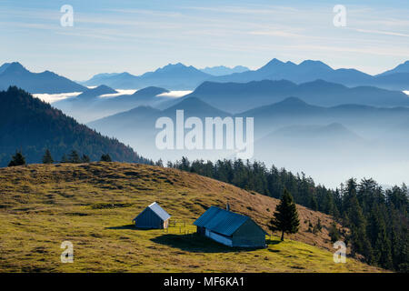 Pfundalm oder Bärenhauptalm vor Bergketten, Hirschhörnlkopf, Jachenau, Isarwinkel, Oberbayern, Bayern, Deutschland Stockfoto