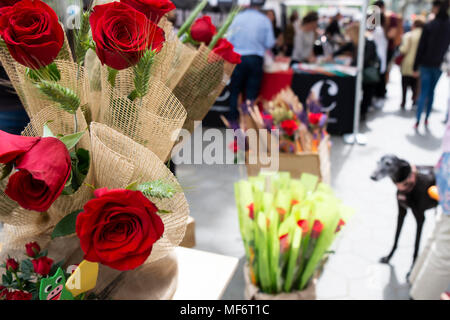 Nahaufnahme der einige rote Rosen auf den Verkauf in einer Straße in Barcelona ausgeht, für Saint George, an jedem 23. April gefeiert, wenn es Tradition, Rosen zu geben Stockfoto