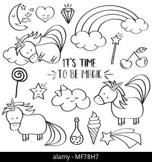 Doodle reihen Sammlung mit Einhörner und andere Fantasy magische Elemente. Für die Färbung. Vektor Stockfoto