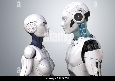 Weibliche und männliche Roboter. 3D-Darstellung Stockfoto
