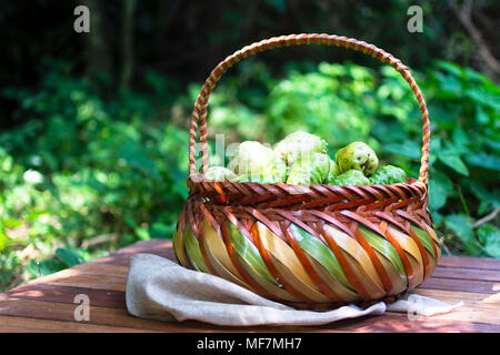 Warenkorb Noni und Noni auf braunem Tuch auf Holztisch mit Natur Hintergrund, Ansicht von oben. Stockfoto