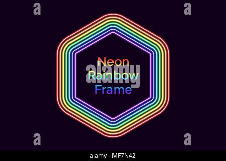 Neon hexagon Frame in Regenbogenfarben. Vektor Vorlage von Rainbow neon Rahmen bestehend aus sieben Umrisse auf dem dunklen Hintergrund Stock Vektor