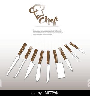 Set an Küchen Messer mit Holzgriff Koch logo Stock Vektor