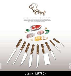 Set an Küchen Messer mit Holzgriff Koch logo Stock Vektor