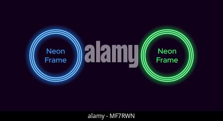 Neon circle Rahmen in Blau und Grün. Vektor Vorlage von Neon Rahmen bestehend aus drei skizziert, mit weichem Hintergrundbeleuchtung auf dem dunklen Hintergrund Stock Vektor