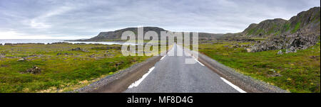 Felsigen Klippen an der Küste der Barentssee, Varangerhalvoya Nationalpark, Varanger Halbinsel, Finnmark, Norwegen Stockfoto