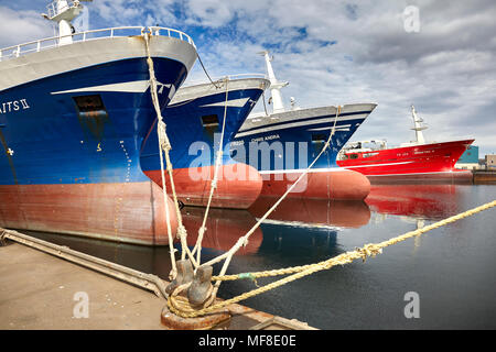 Taits 11, Herausforderung, Chris Andra und tugendhaft pelagischen Fischereifahrzeugen, bei Fraserburgh Hafen. Besonders mit den Wulstbug design Stockfoto