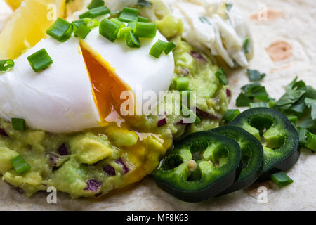 Pochierte Eier und guacamole Sauce auf Mehl Tortilla, mexikanischen Stil Frühstück Stockfoto