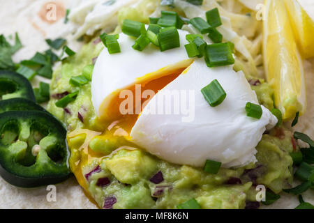 Pochierte Eier und guacamole Sauce auf Mehl Tortilla, mexikanischen Stil Frühstück Stockfoto