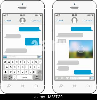 Zwei chat Bilder Vorlagen auf weißem Smartphones. Mobile App für das Gespräch. Isolierte Vector Illustration Stock Vektor
