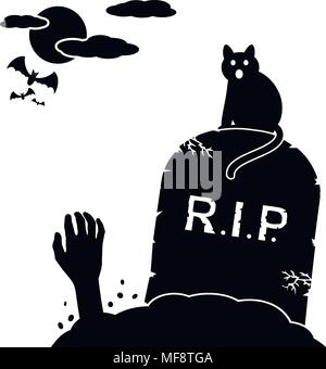 Cat von grabstein und Zombie Händen sitzen, sich vom Boden erhebt auf Friedhof. Vector Illustration. Stock Vektor