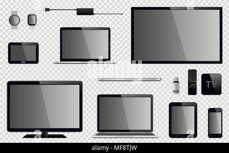 Festlegen von realistischen TV, Computer, Laptops, Tablet-PC, Handy, smart Watch, USB-Laufwerk, TV-Empfänger, GPS-Navigationssystem von Gerät und Stock Vektor