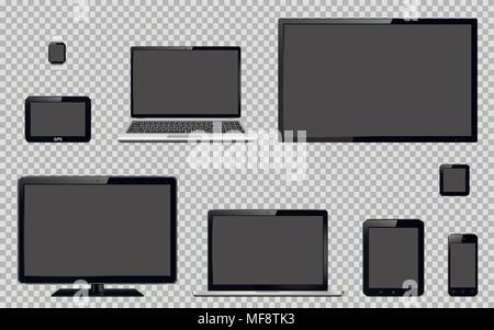 Festlegen von realistischen TV, Computer, Laptops, Tablet-PC, Handy, smart Watch und GPS-Navigationssystem Gerät mit transparenten Bildschirm. Isolierte o Stock Vektor