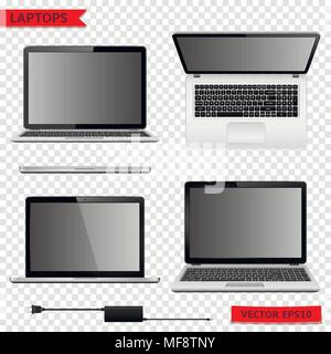 Eingestellt von Laptops in verschiedenen Positionen auf transparentem Hintergrund isoliert. Vector EPS 10. Stock Vektor
