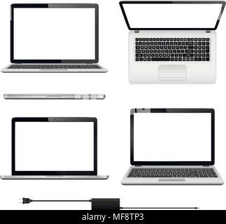 Eingestellt von Laptops in verschiedenen Positionen. Laptop mit leeren Bildschirm auf weißem Hintergrund. Vector Illustration. Stock Vektor