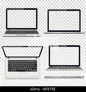 Eingestellt von Laptops mit transparenten Bildschirm in verschiedenen Positionen auf transparentem Hintergrund isoliert. Vector Illustration. Stock Vektor