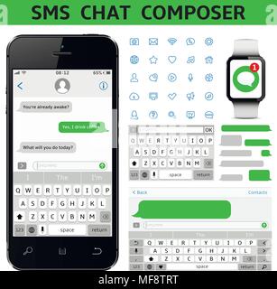 Komponist SMS-Chat. Smartphone chatten sms Vorlage blasen. Vector Illustration. Stock Vektor