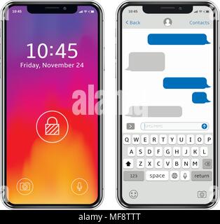 High Ausführliche realistische Smartphones, Bildschirm sperren, chatten, SMS-App Vorlage Sprechblasen. Vector Illustration. Stock Vektor