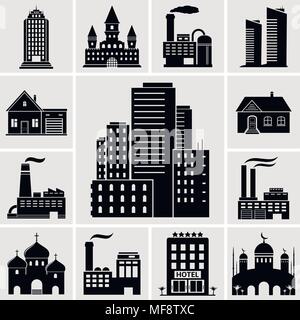 Satz von verschiedenen Gebäuden und Immobilien Symbole. Vector Illustration. Stock Vektor