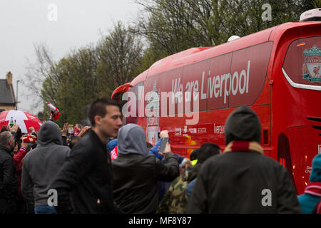 Anfield, Liverpool, Großbritannien. 24. April 2018. Liverpool Fans willkommen der FC Liverpool Spieler Trainer wie es bei Anfield kommt für die Halbfinale, Hinspiele der Champions League gegen Roma. Credit: Ken Biggs/Alamy Leben Nachrichten. Stockfoto