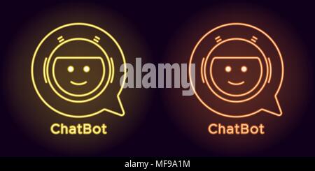 Neon Chat Bot in Gelb und Orange. Vector Illustration von virtuellen Chatbot mit Sprechblase bestehend aus Neon skizziert, mit Hintergrundbeleuchtung auf dem Stock Vektor
